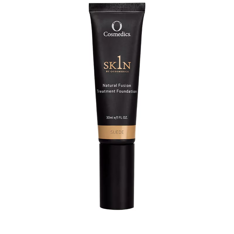 O Cosmedics 1SKIN Natural Fusion Treatment Foundation in Suede 350 shade, 30 mL black tube with beige shade label, front product view on white background.