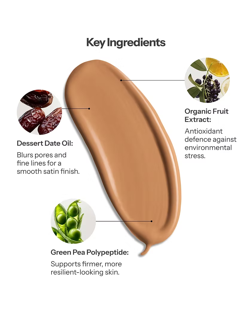 O Cosmedics 1SKIN Natural Fusion Treatment Foundation texture swatch highlighting Desert Date Oil, Organic Fruit Extract and Green Pea Polypeptide.
