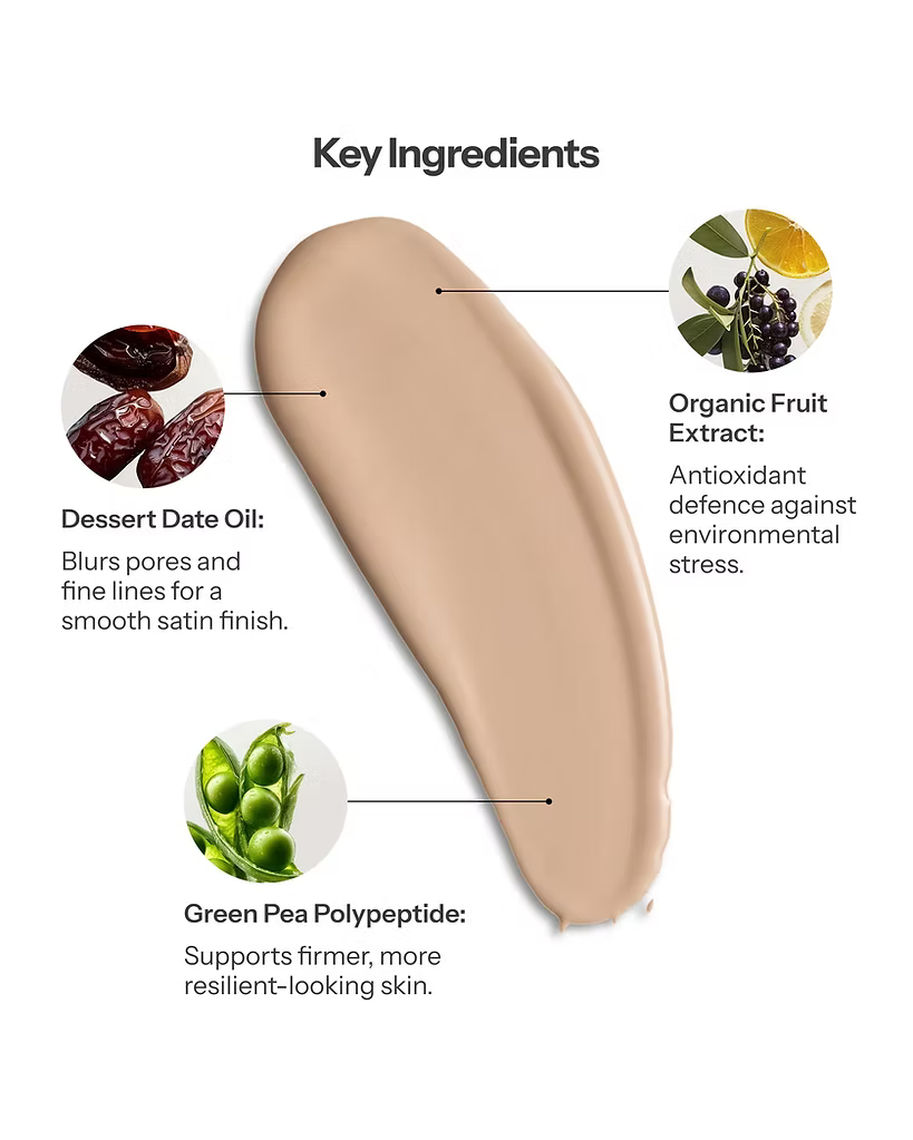 O Cosmedics 1SKIN Treatment Fusion Foundation swatch with botanical key ingredient illustration