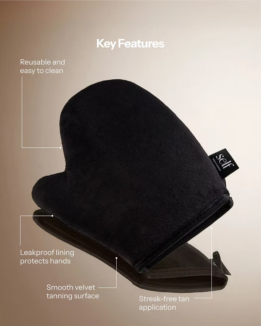 SELF Tan by O Cosmedics black velvet tanning mitt displayed with product features on a neutral background.