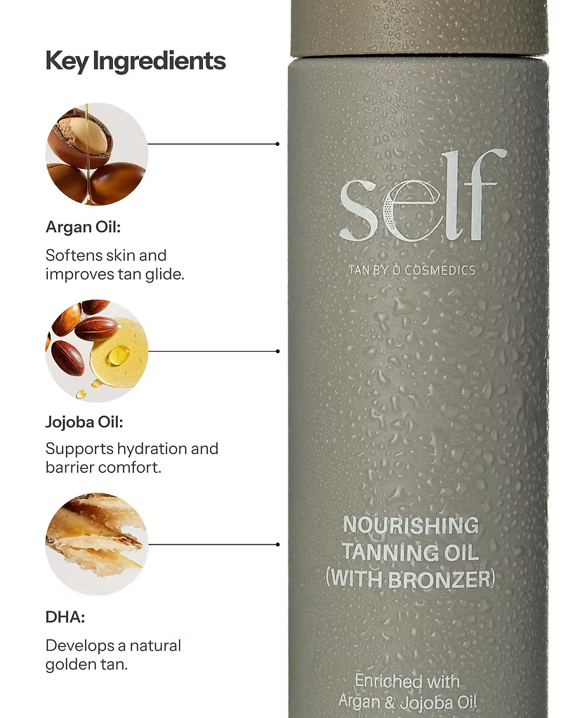 SELF Tan by O Cosmedics Tanning Body Oil featuring argan oil and jojoba oil ingredients