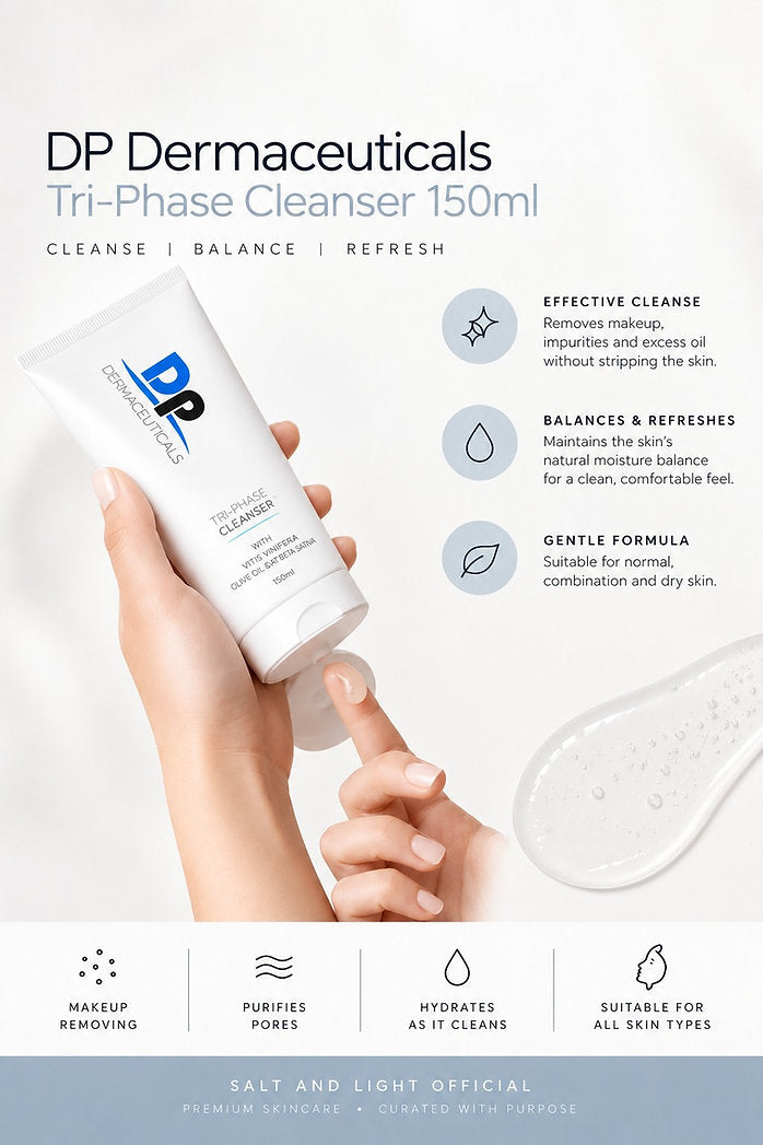 DP Dermaceuticals Tri-Phase Cleanser 150ml product information graphic showing the cleanser, its texture and benefits.