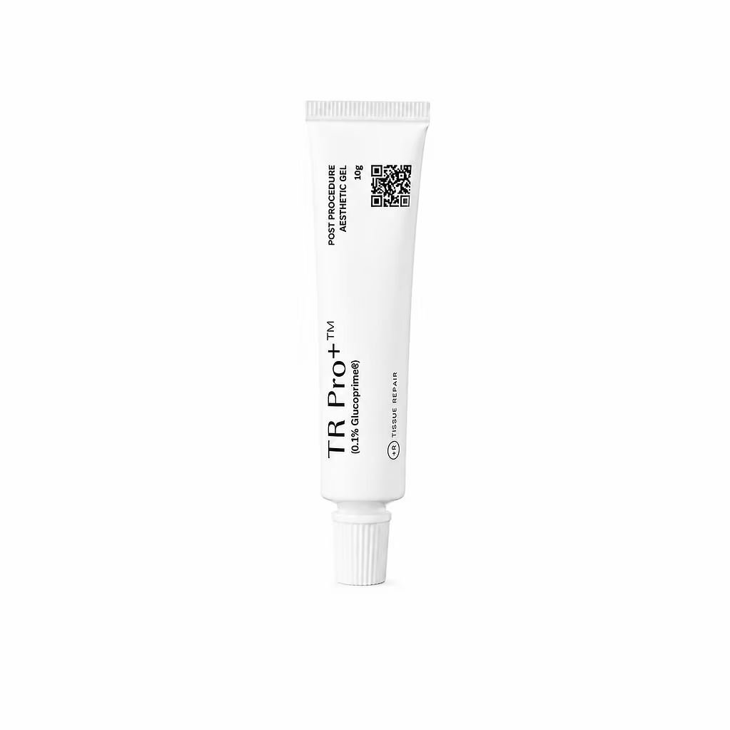 TR Pro+ Post-Procedure Skin Repair Gel 10g hydrogel in a white tube, designed for post-treatment skincare and skin barrier support.