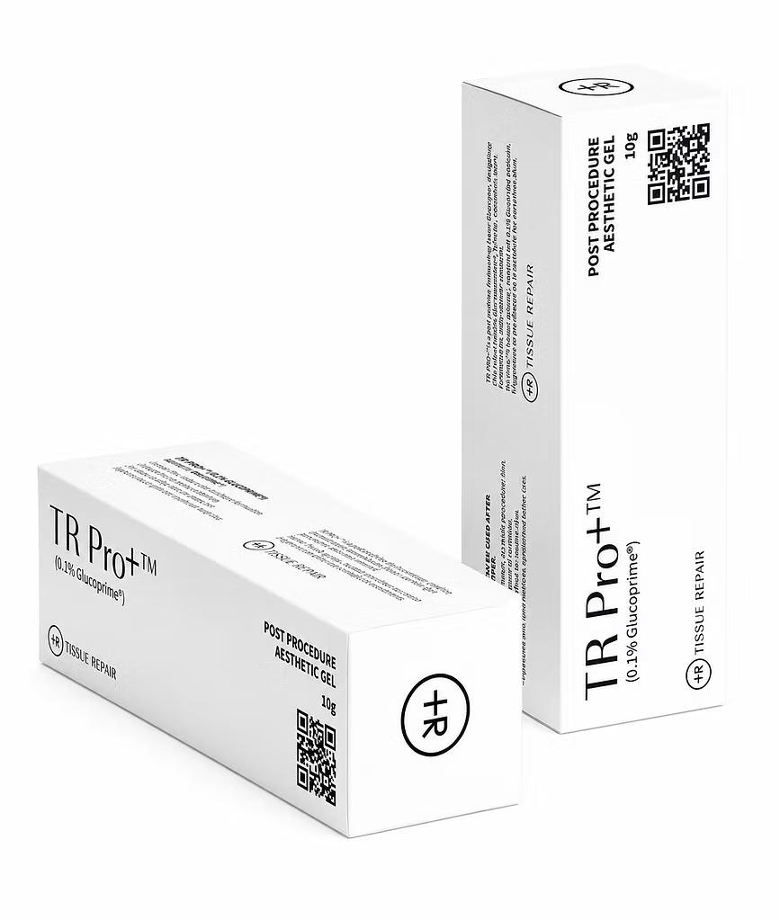 TR Pro+ Post-Procedure Skin Repair Gel 10g hydrogel in original white retail packaging, showing the product box and tissue repair branding.