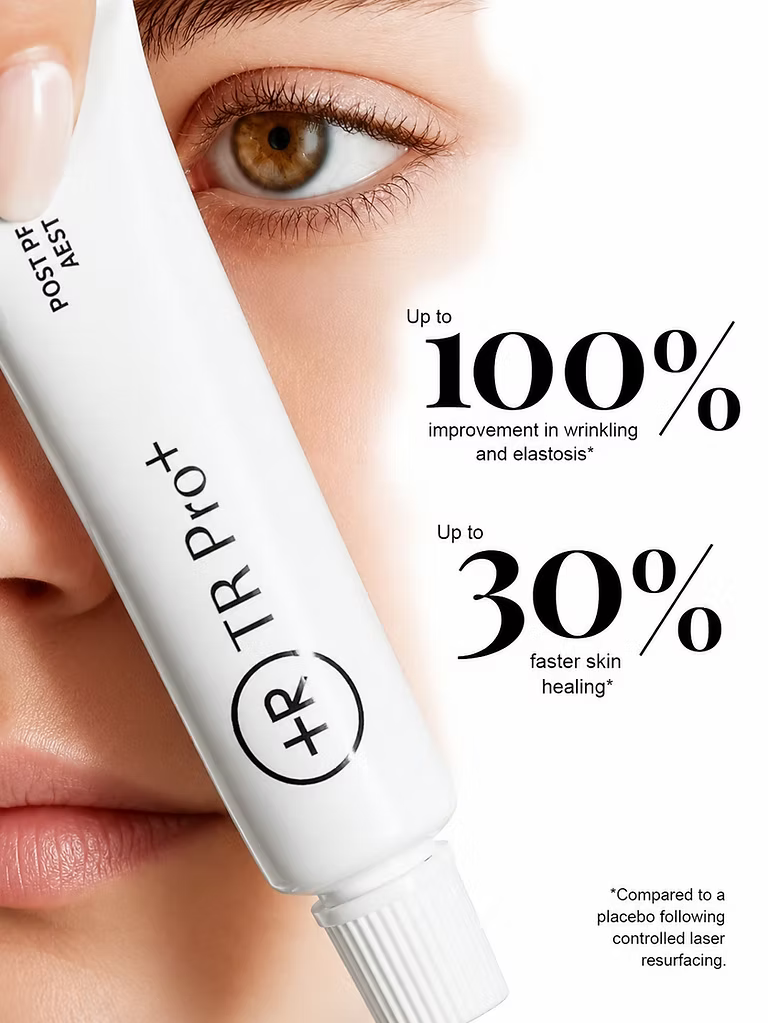 TR Pro+ Post-Procedure Skin Repair Gel 10g beside a woman's face, highlighting clinical results of up to 100% improvement in wrinkling and elastosis and 30% faster skin healing after laser resurfacing.