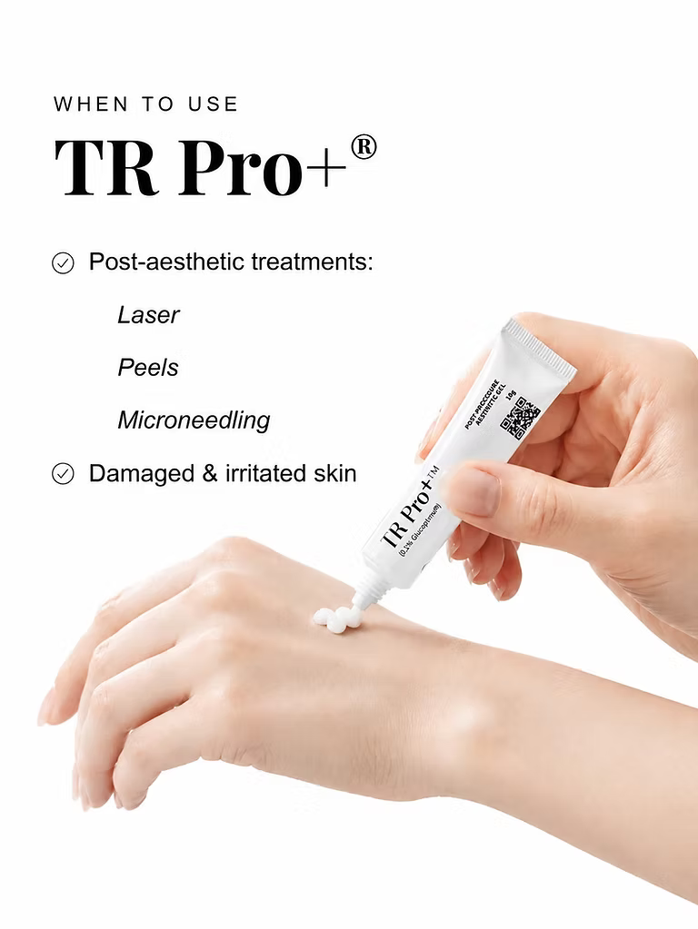 TR Pro+ Post-Procedure Skin Repair Gel 10g being applied to the hand, showing use after laser treatments, chemical peels and microneedling, or on irritated skin.