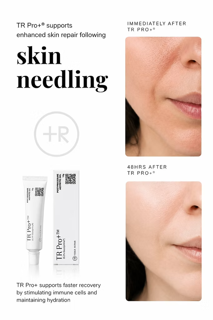 TR Pro+ Post-Procedure Skin Repair Gel 10g showing facial skin immediately after microneedling and 48 hours later, highlighting post-treatment skin recovery and hydration.