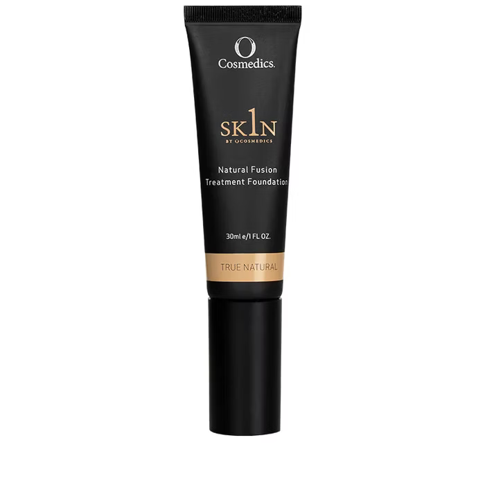 O Cosmedics 1SKIN Natural Fusion Treatment Foundation in True Natural 30mL, black foundation tube with shade label on a white background.
