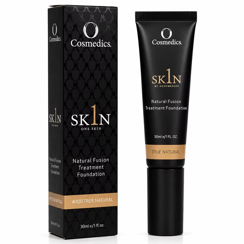 O Cosmedics 1SKIN Natural Fusion Treatment Foundation in True Natural shade #300, 30mL tube displayed alongside its black product packaging.