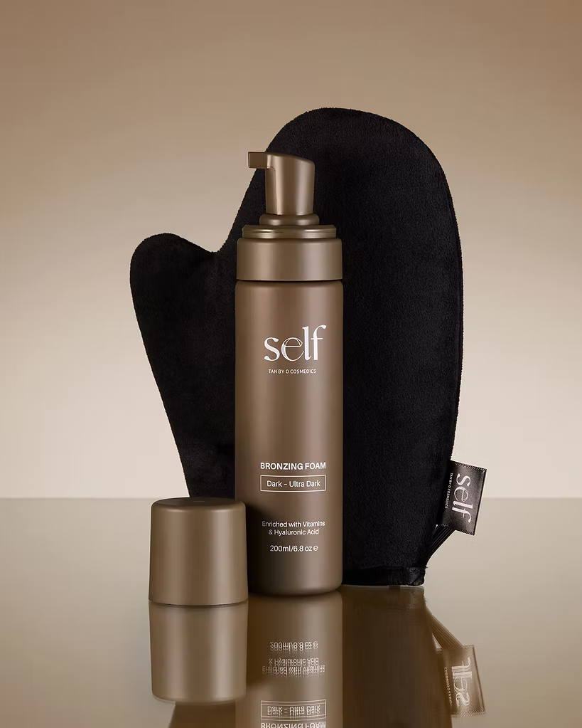 SELF Tan by O Cosmedics Ultra Dark Self Tan Mousse 200ml displayed with black tanning mitt