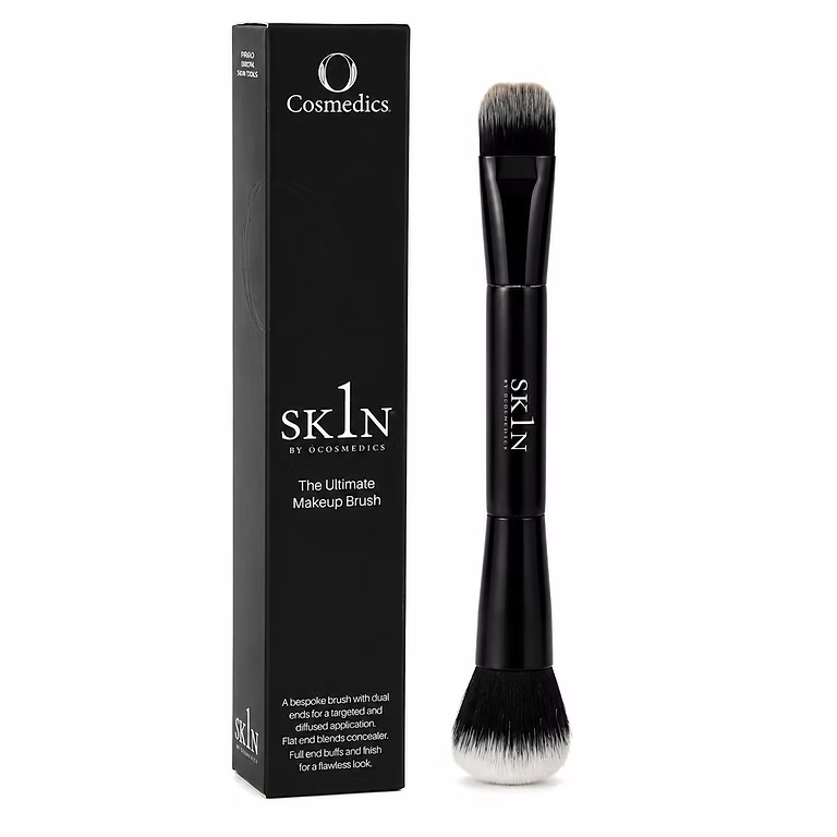 O Cosmedics 1SKIN The Ultimate Brush dual-ended makeup brush with original packaging for foundation, powder and bronzer application.