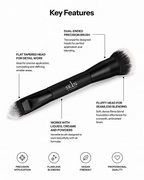 O Cosmedics 1SKIN The Ultimate Brush infographic highlighting the dual-ended design and versatile complexion makeup application.