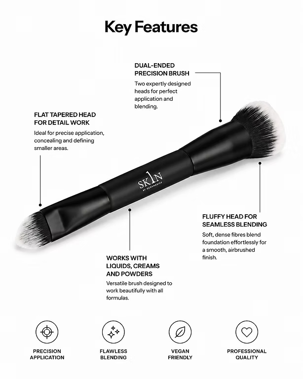 O Cosmedics 1SKIN The Ultimate Brush infographic highlighting the dual-ended design and versatile complexion makeup application.