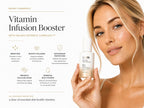 Ginger & Me Vitamin Infusion Booster Serum skincare benefits graphic featuring a model and vitamin serum.