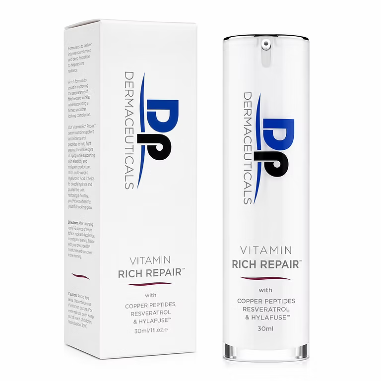 DP Dermaceuticals Vitamin Rich Repair 30ml moisturiser with retail packaging for skin nourishment and barrier support.
