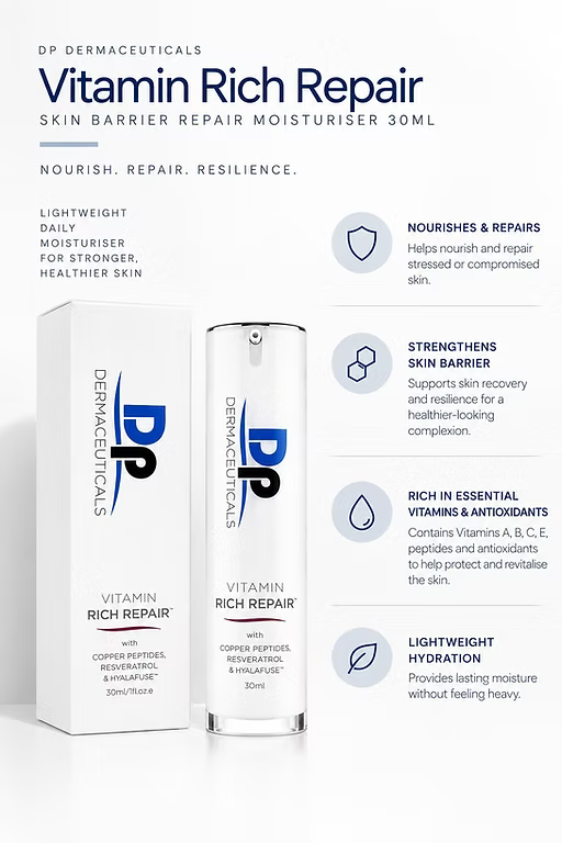 DP Dermaceuticals Vitamin Rich Repair skincare infographic highlighting moisturising and skin barrier support benefits.