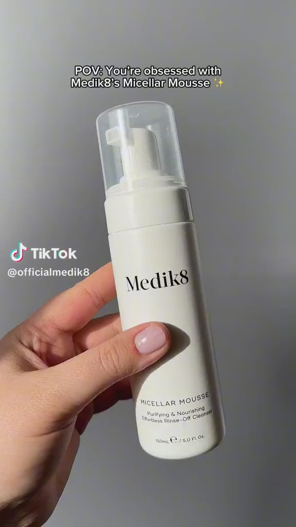 Medik8 Micellar Mousse 150ml product video showcasing the purifying and nourishing foaming facial cleanser, designed to gently remove makeup, sunscreen and impurities while leaving skin soft and hydrated.