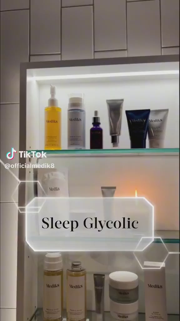 Medik8 Sleep Glycolic 30ml Time Release AHA Overnight At-Home Peel featured in a skincare video showcasing Medik8 products and an evening skincare routine.